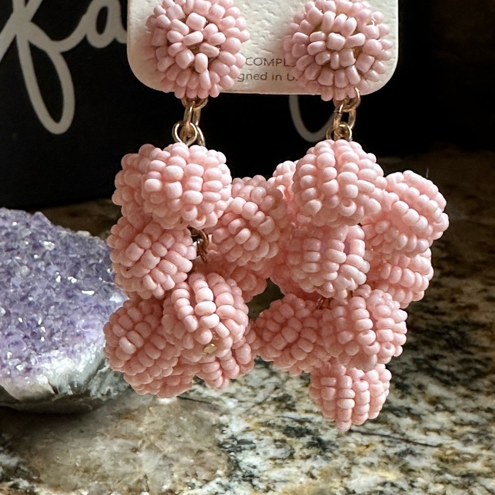 Gold Pink Seed Bead Ball Cluster Earrings - Picture 7 of 8